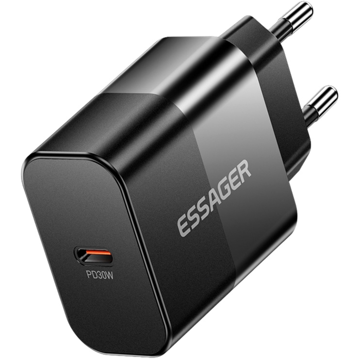 Зарядное устройство ESSAGER GaN PD30W Travel Charger Black w/Type-C cable (E30JSB1-SYTT1-T)