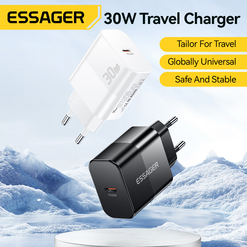 Зарядное устройство ESSAGER GaN PD30W Travel Charger Black w/Type-C cable (E30JSB1-SYTT1-T)
