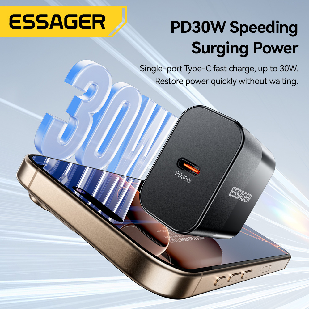 Зарядное устройство ESSAGER GaN PD30W Travel Charger Black w/Type-C cable (E30JSB1-SYTT1-T)