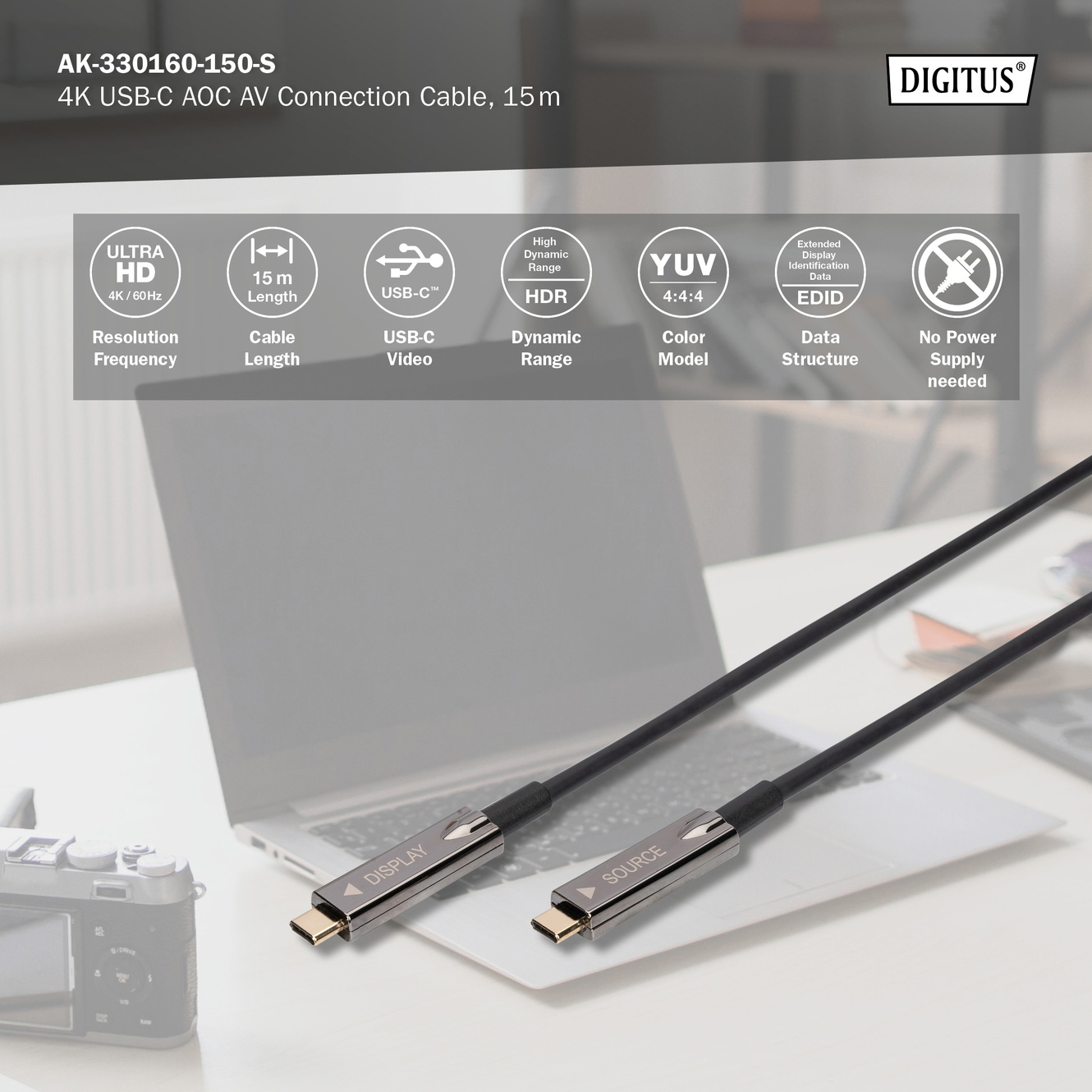 Кабель оптичний (AOC) DIGITUS UHD 4K/60 Hz AV Connection USB-C 15м Black (AK-330160-150-S)
