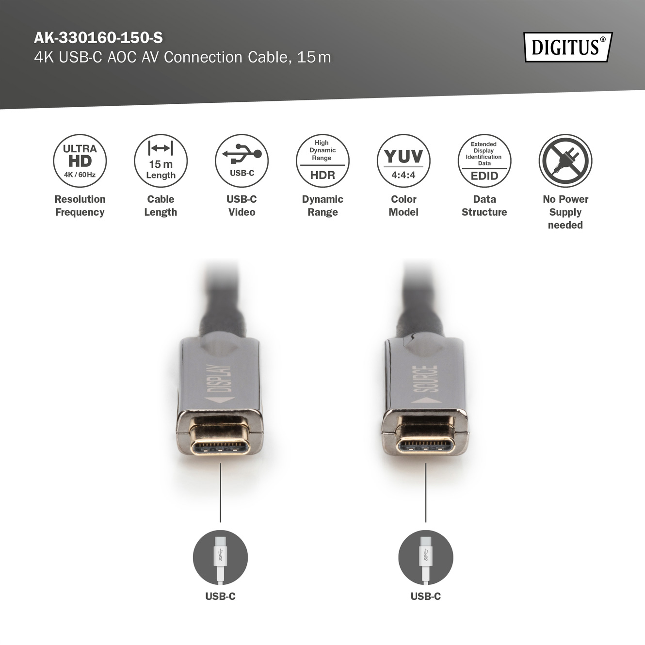 Кабель оптичний (AOC) DIGITUS UHD 4K/60 Hz AV Connection USB-C 15м Black (AK-330160-150-S)