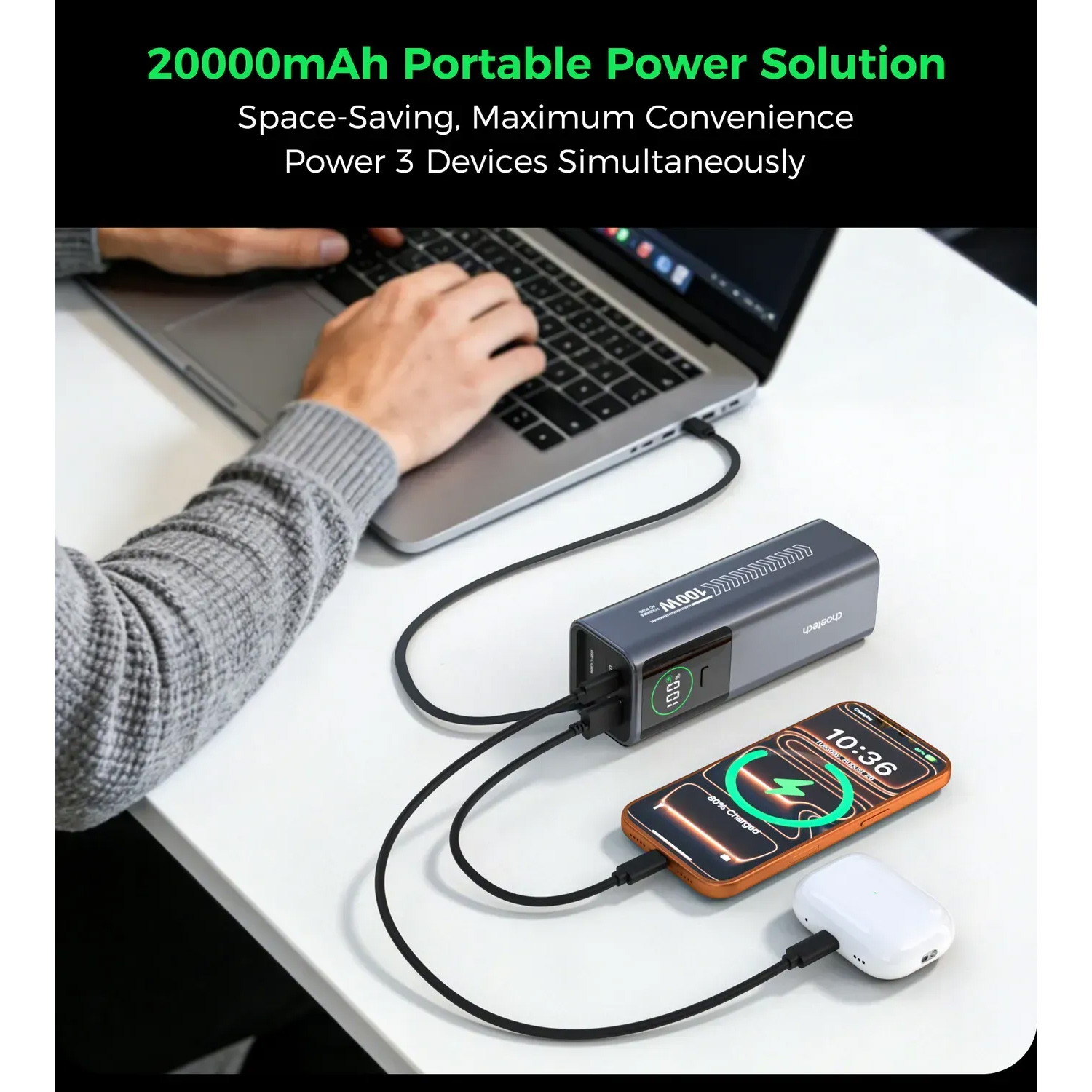 Повербанк CHOETECH B1012 CCC Certified 1xUSB-C, 1xUSB-A, with built-in cable USB-C, 100W 20000mAh