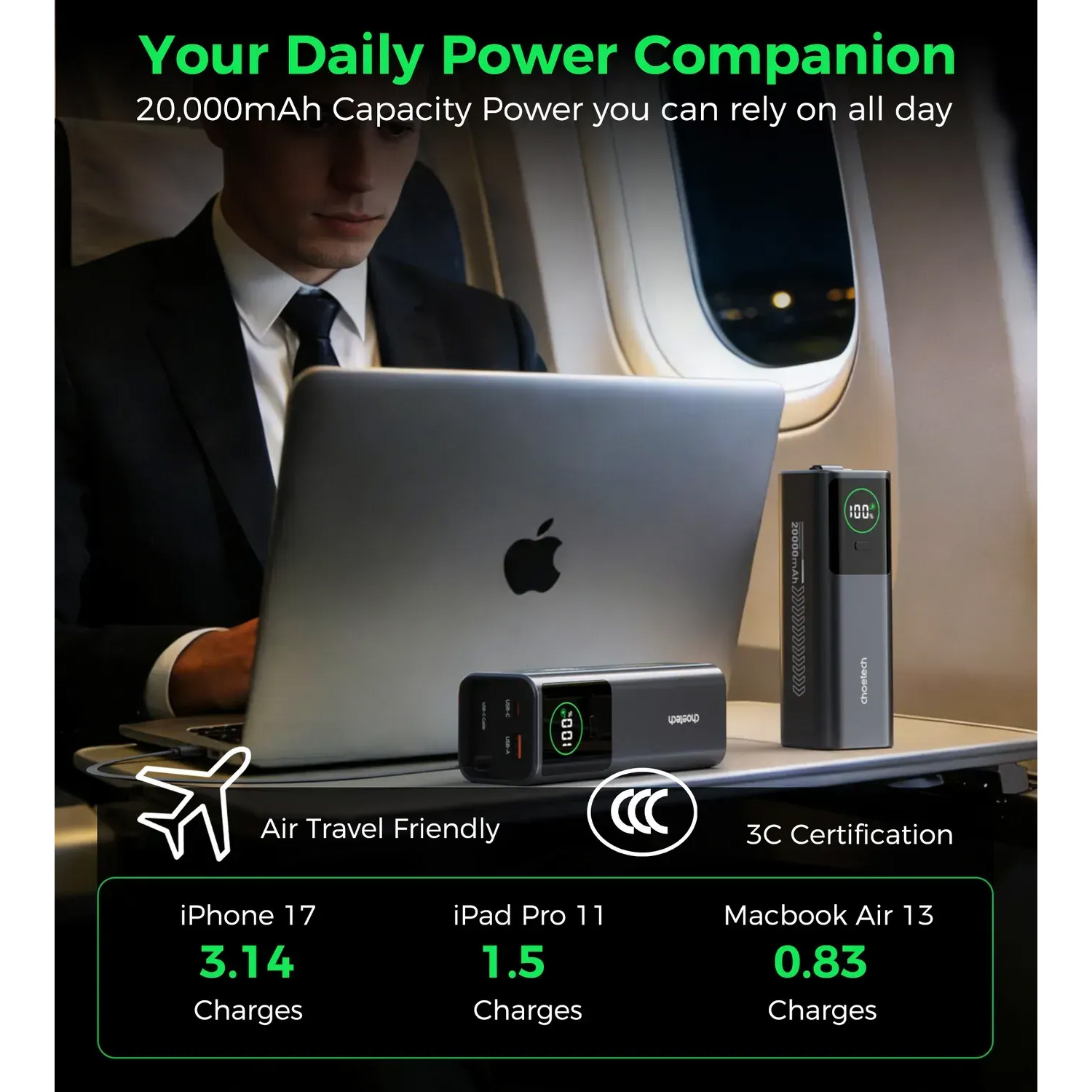 Повербанк CHOETECH B1012 CCC Certified 1xUSB-C, 1xUSB-A, with built-in cable USB-C, 100W 20000mAh