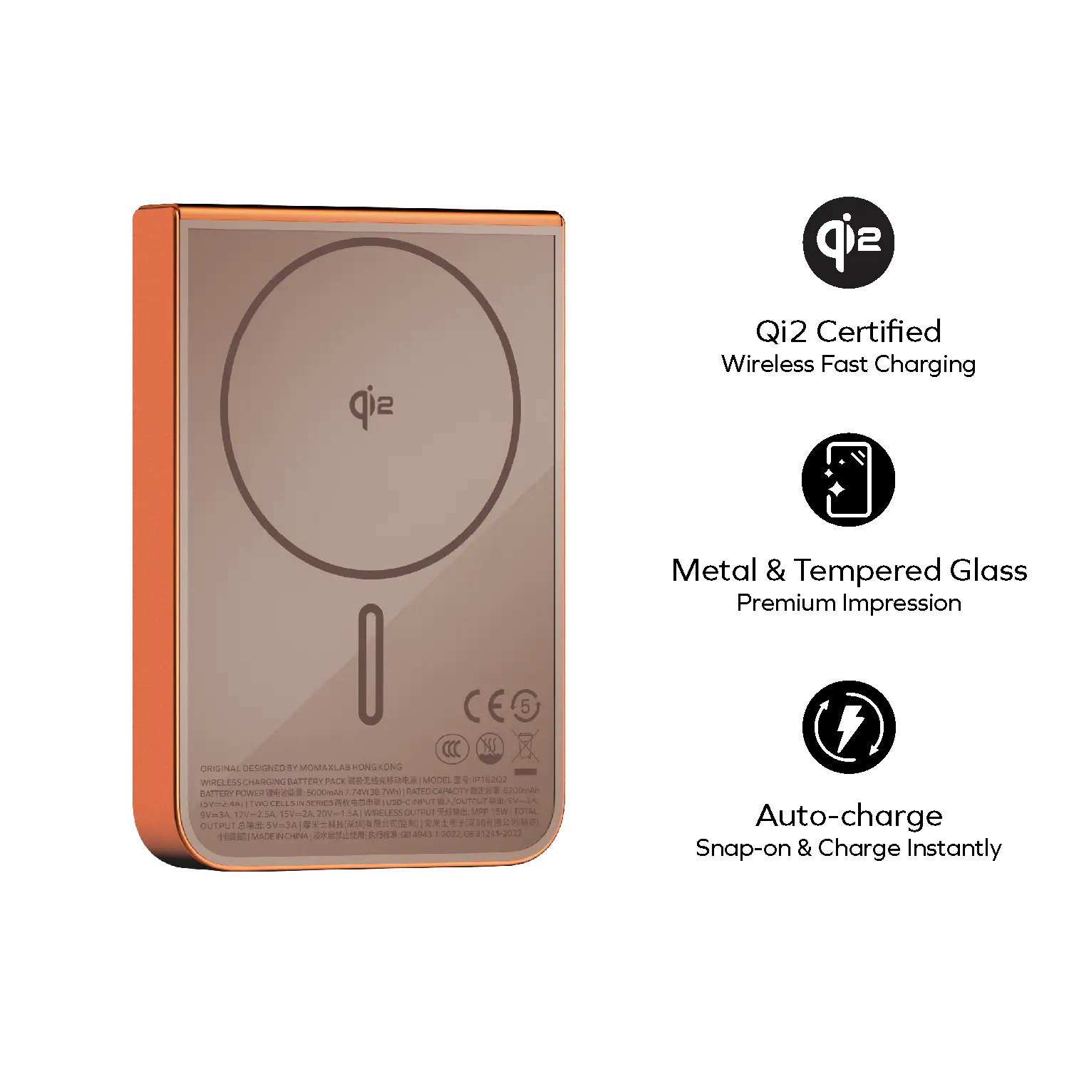 Повербанк с беспроводной зарядкой MOMAX 1-Power S.Pass Qi2 30W 10000mAh Orange (IP162Q2M)