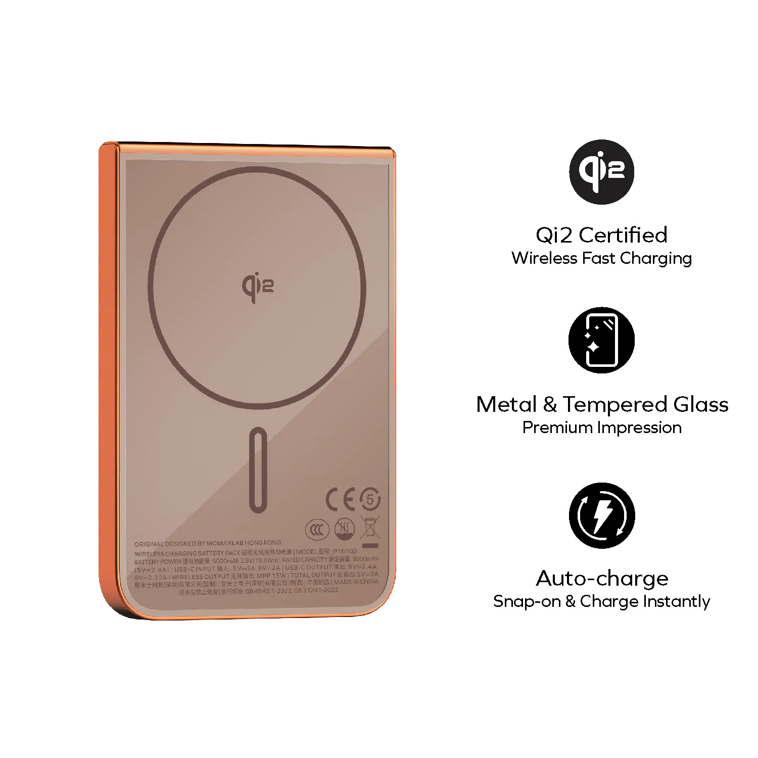 Повербанк с беспроводной зарядкой MOMAX 1-Power S.Pass Qi2 20W 5000mAh Solar Orange (IP161Q2M)