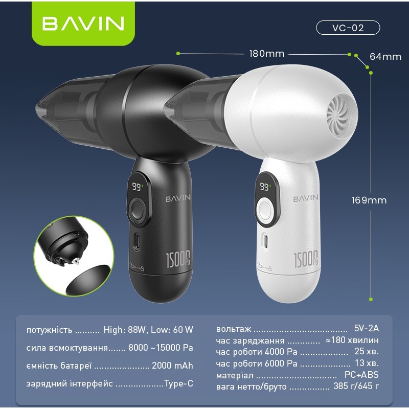 Пилосос автомобільний BAVIN VC02 White