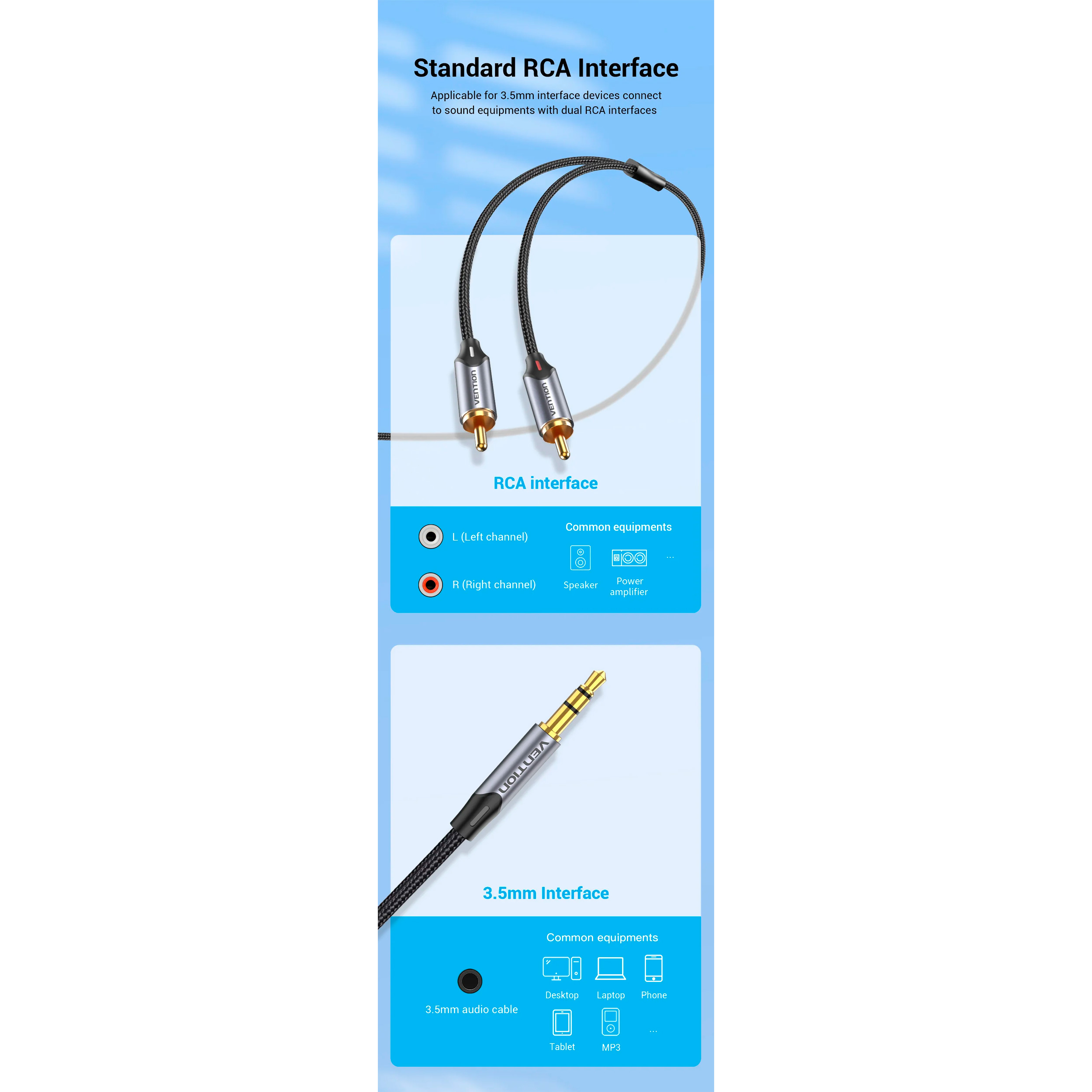 Кабель VENTION mini-jack 3.5 mm (M) - 2RCA (M) 0.5м Black (BCNBD)
