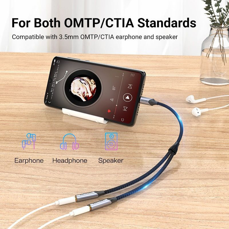 Кабель VENTION USB-C - 2xmini-jack 3.5 mm (F) 0.3м Black (BGNHY)