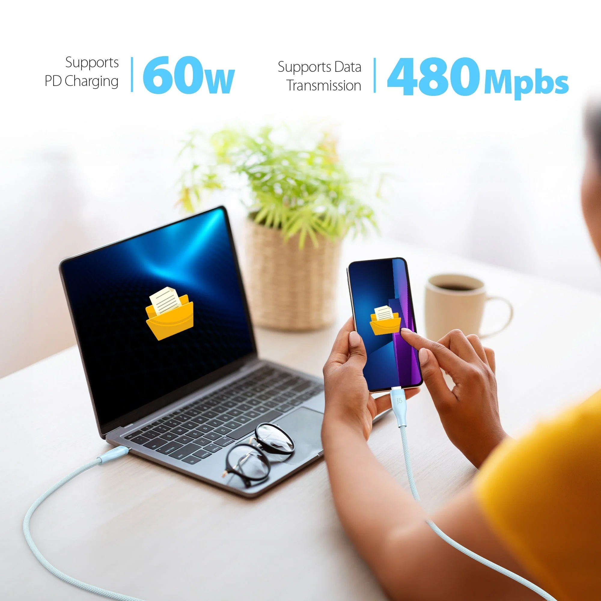 Кабель J5CREATE USB-C 60W Liquid Silicone Fast Charging Cable 1.8м White (JUCX18L18W-N)