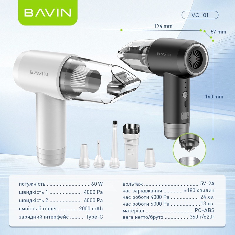 Пылесос автомобильный BAVIN VC01 Black