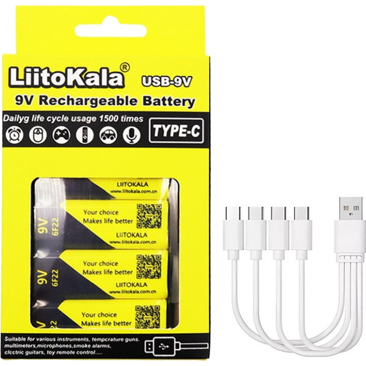 Батарейка LIITOKALA Li-Ion «Крона», USB-C заряджання 4шт/уп (LII-USB-9V4IN1)