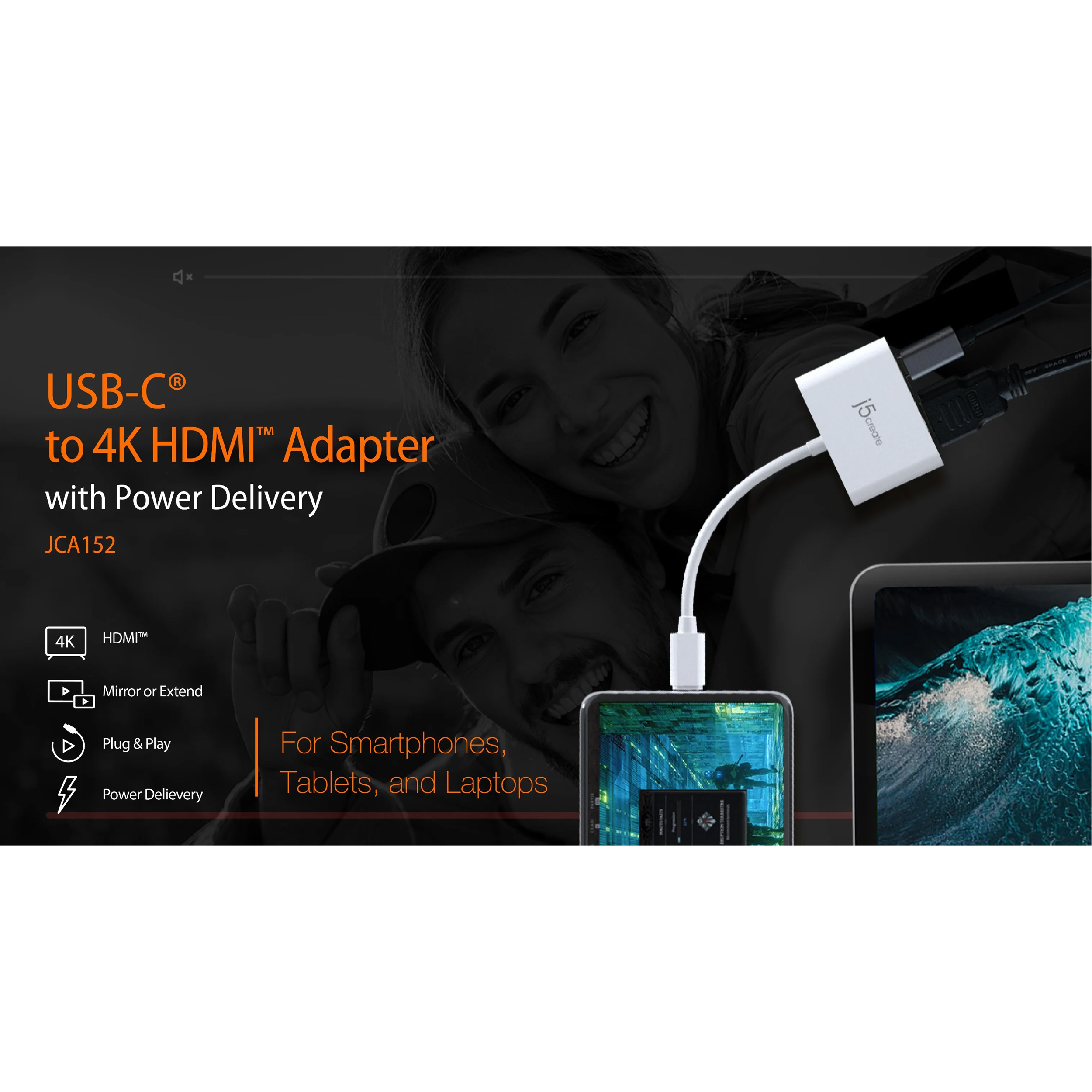 Порт-репликатор J5CREATE USB-C to 4K HDMI Adapter with Power Delivery White (JCA152-N)