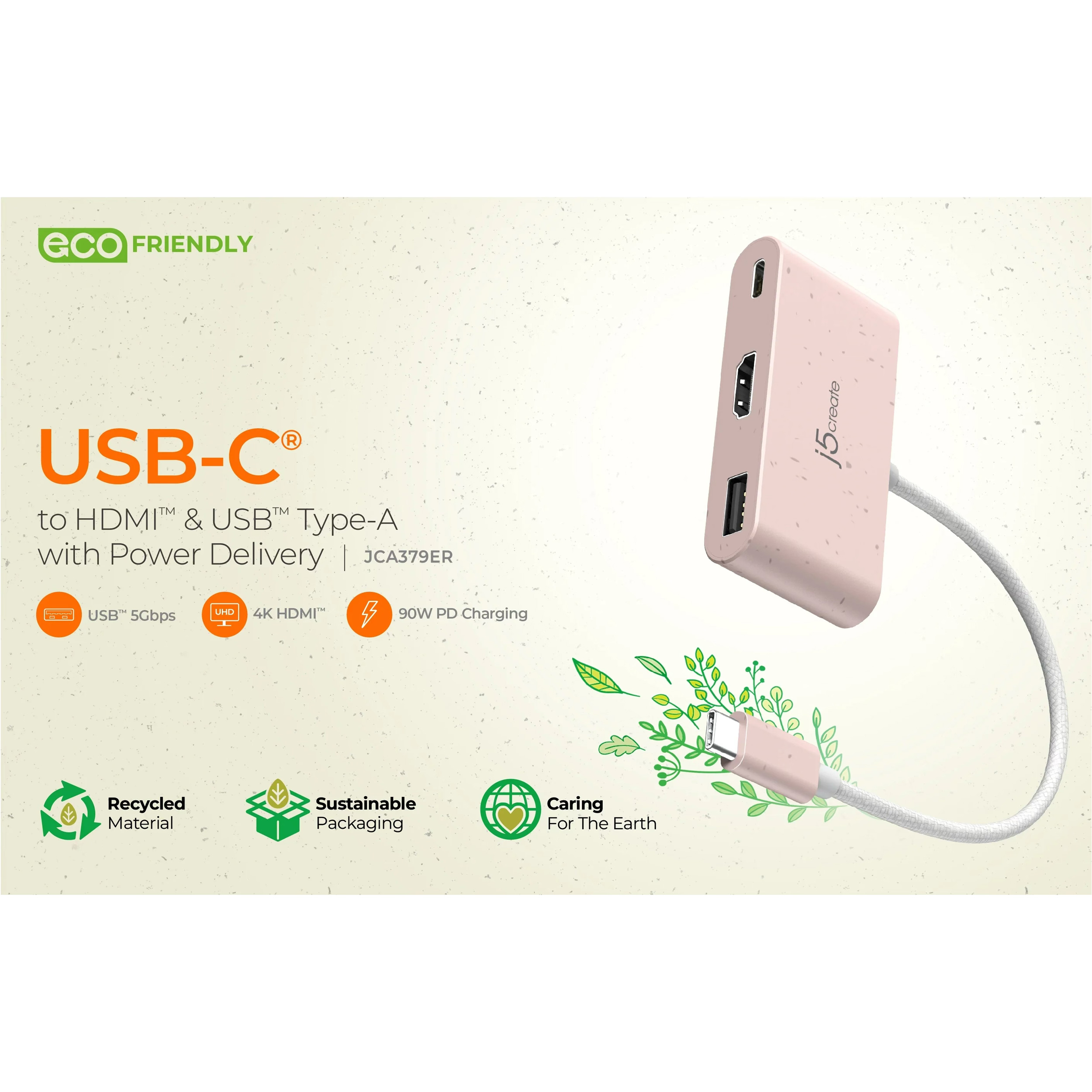 Порт-репликатор J5CREATE USB-C to HDMI & USB 3.0 with Power Delivery Earth Rose (JCA379ER-N)