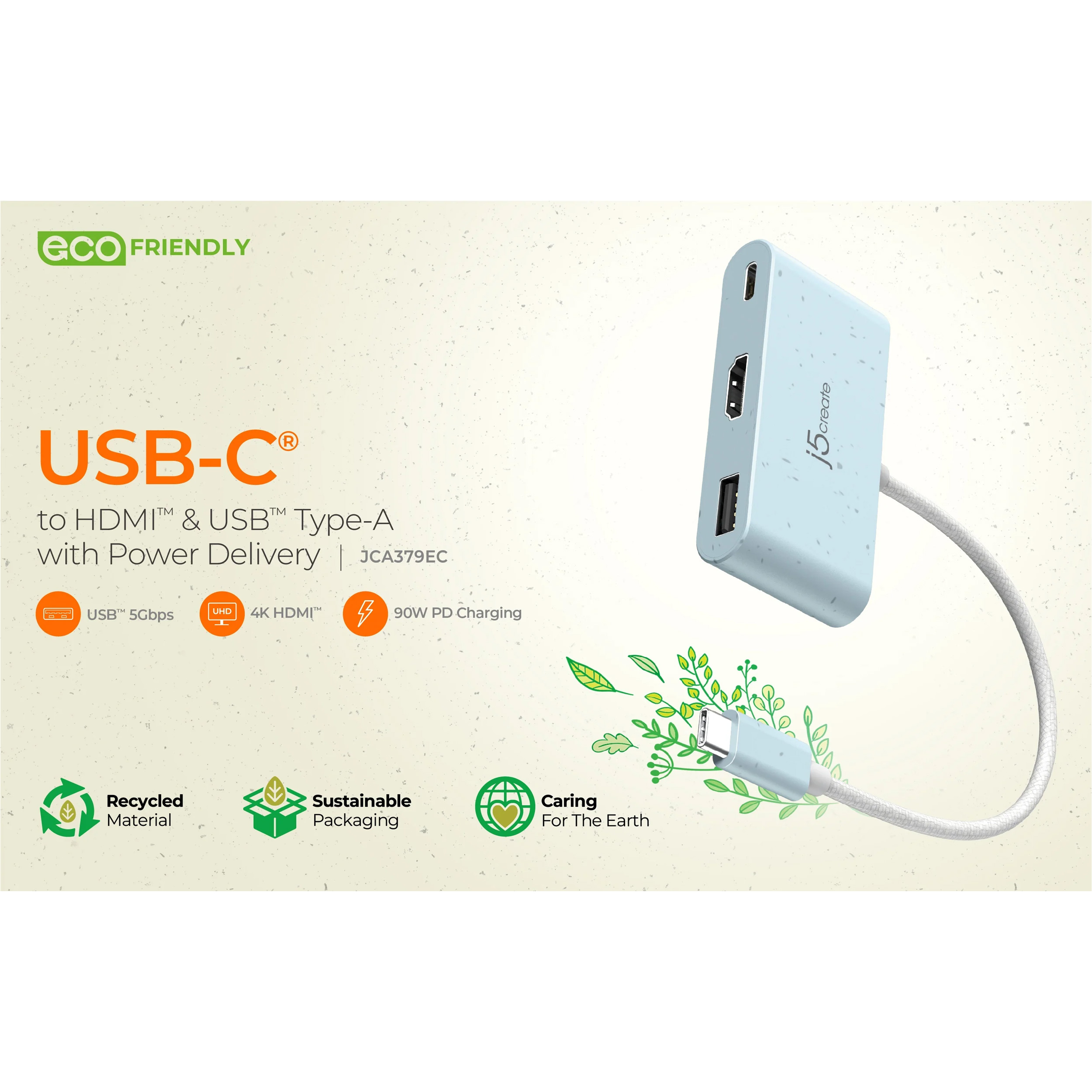 Порт-репликатор J5CREATE USB-C to HDMI & USB 3.0 with Power Delivery Fresh Cyan (JCA379EC-N)
