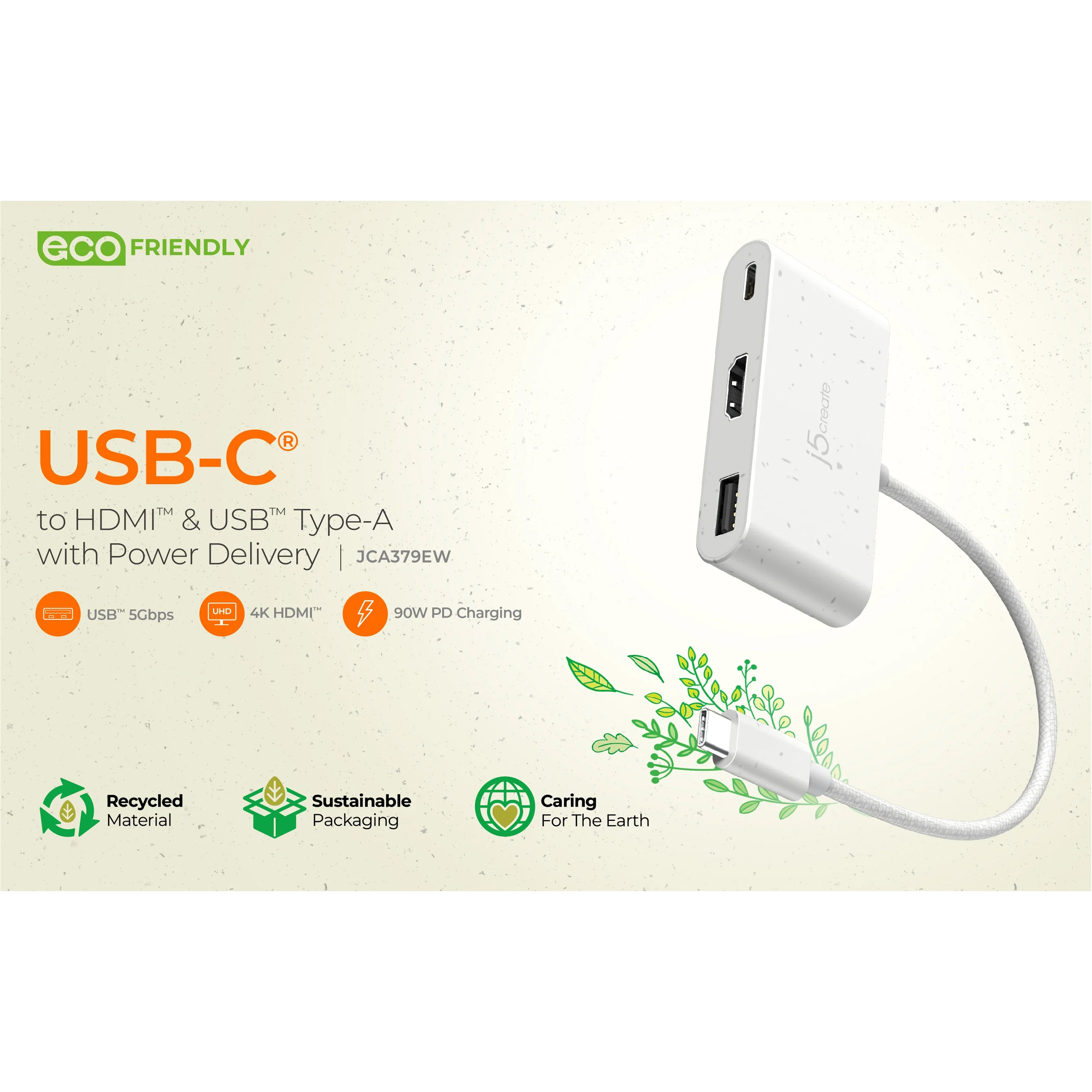 Порт-реплікатор J5CREATE USB-C to HDMI & USB 3.0 with Power Delivery Natural White (JCA379EW-N)