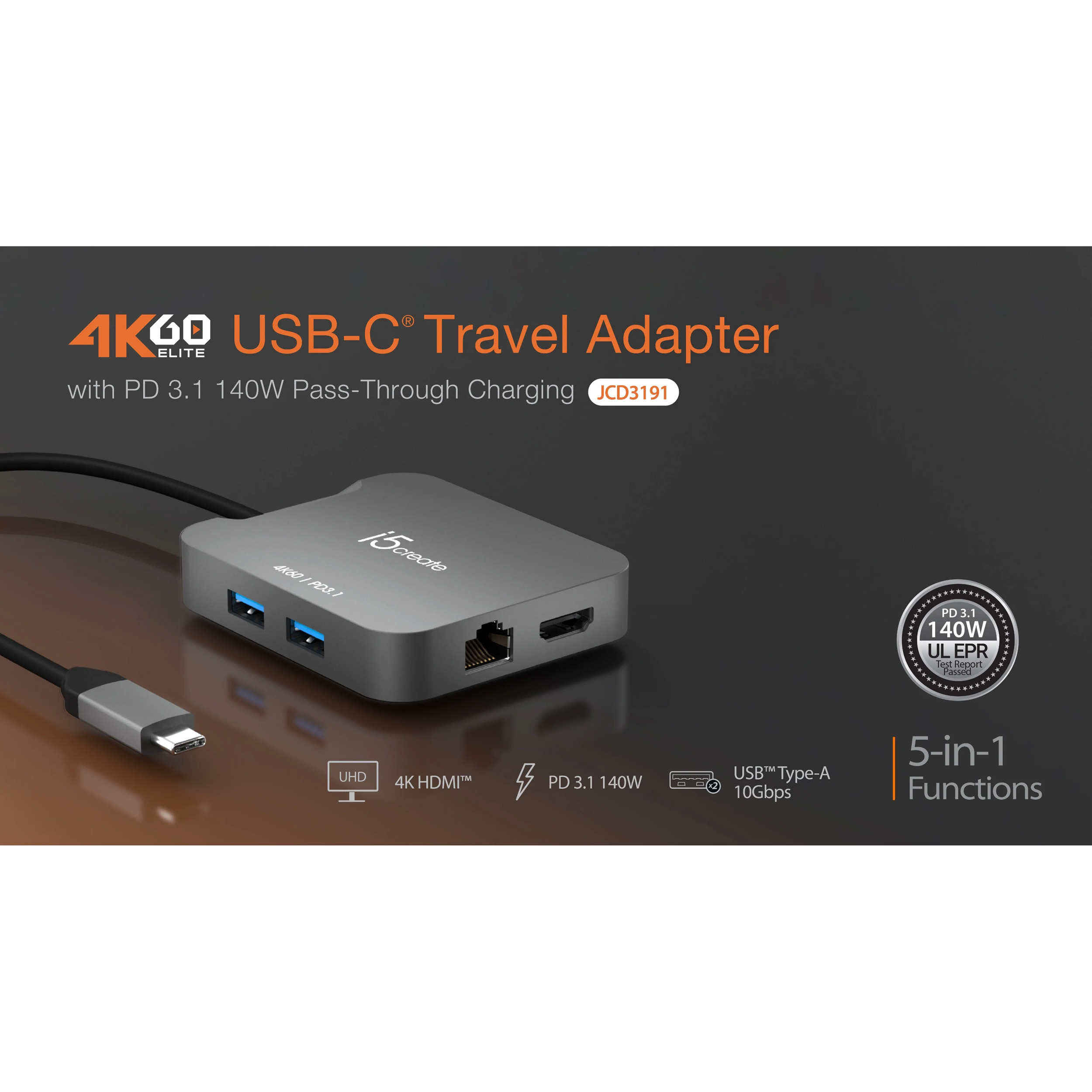 Порт-репликатор J5CREATE 4K60 Elite USB-C Travel Adapter (JCD3191-N)