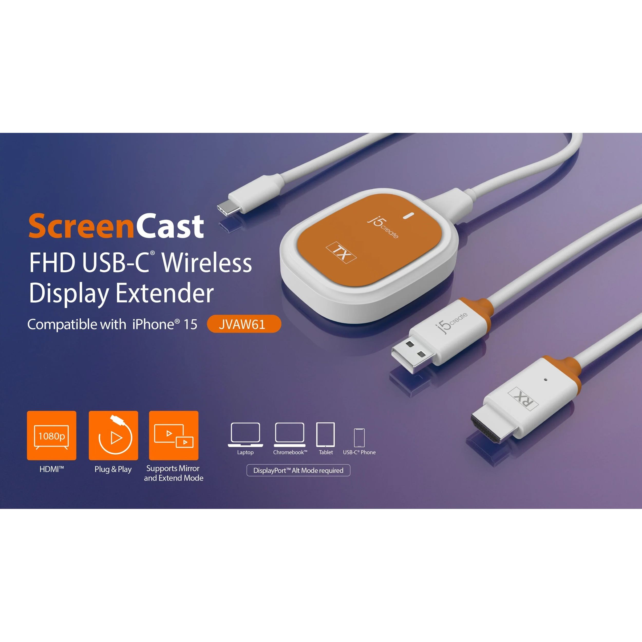 Адаптер J5CREATE ScreenCast FHD USB-C Wireless Display Extender USB-C to HDMI White (JVAW61-N)