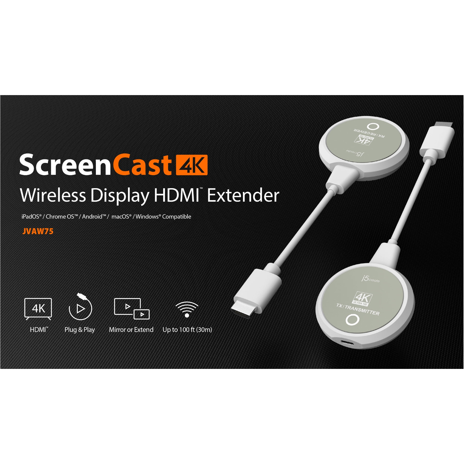 Удлинитель HDMI по Wi-Fi J5CREATE ScreenCast 4K Wireless Display HDMI Extender HDMI White (JVAW75-N)