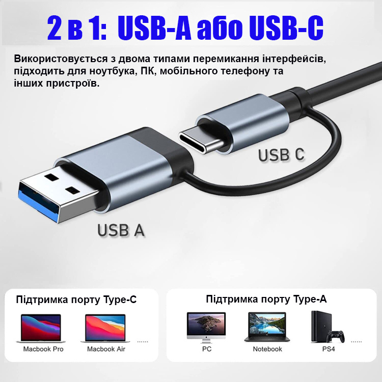 USB-хаб DYNAMODE 7-in-1 USB-C/A to 1xUSB3.0, 6xUSB2.0