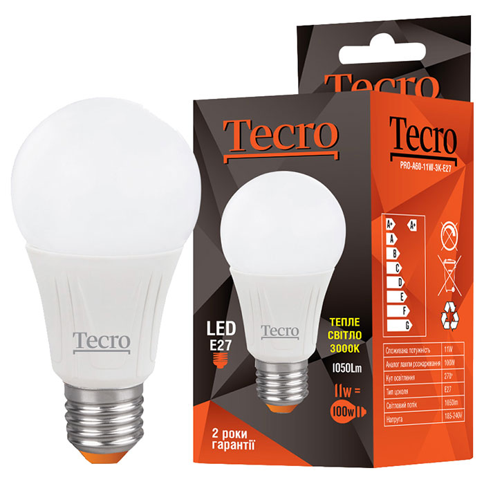 Лампочка LED TECRO Pro A60 E27 11W 3000K 220V (PRO-A60-11W-3K-E27)