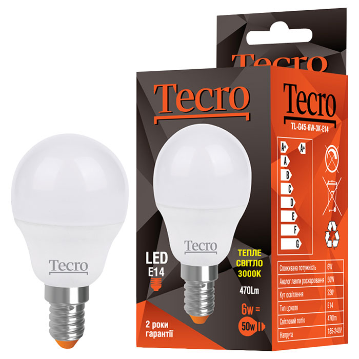 Лампочка LED TECRO TL G45 E14 6W 3000K 220V (TL-G45-6W-3K-E14)