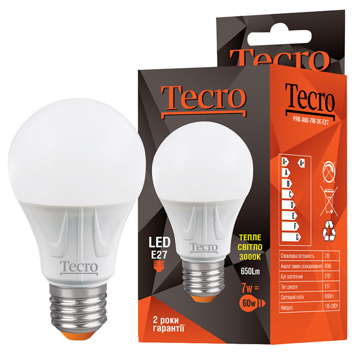 Лампочка LED TECRO Pro A60 E27 7W 3000K 220V (PRO-A60-7W-3K-E27)