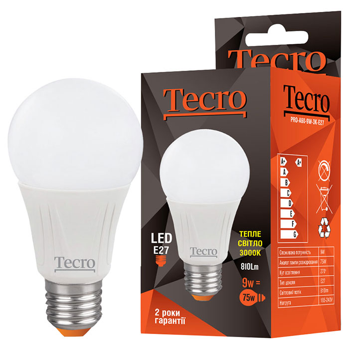Лампочка LED TECRO Pro A60 E27 9W 3000K 220V (PRO-A60-9W-3K-E27)