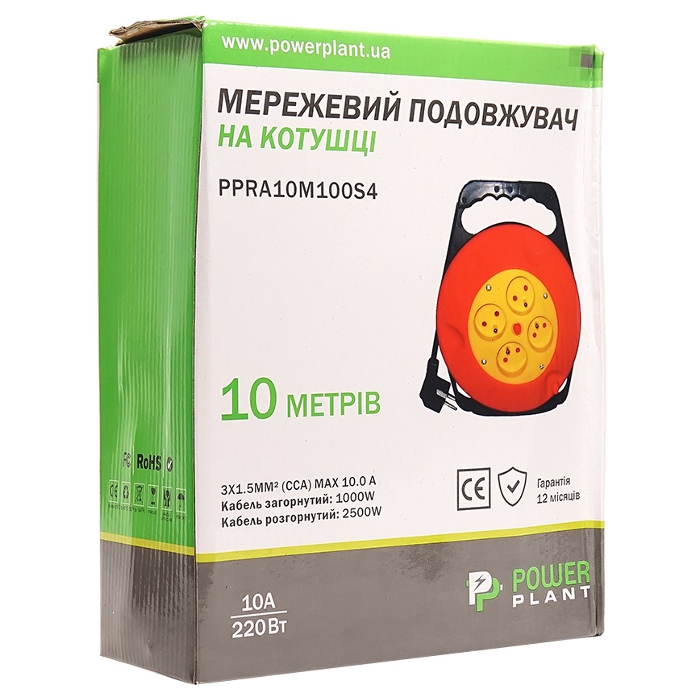 Подовжувач на котушці POWERPLANT JY-2002 Black, 4 розетки, 10м (PPRA10M100S4)