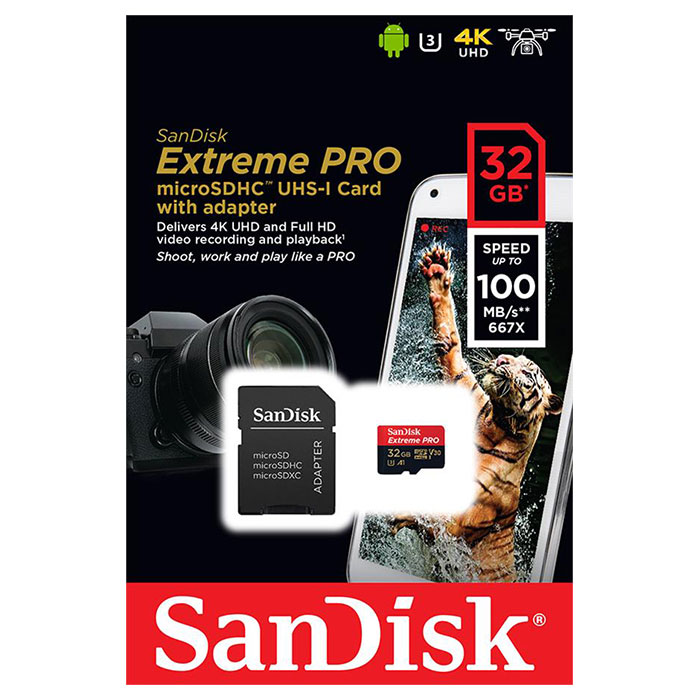 Карта памяти SANDISK microSDHC Extreme Pro 32GB UHS-I U3 Class 10 + SD-adapter (SDSQXCG-032G-GN6MA)