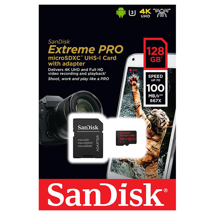 Карта пам'яті SANDISK microSDXC Extreme Pro 128GB UHS-I U3 Class 10 + SD-adapter (SDSQXCG-128G-GN6MA)