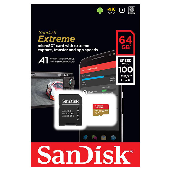 Карта пам'яті SANDISK microSDXC Extreme 64GB UHS-I U3 V30 A1 Class 10 + SD-adapter (SDSQXAF-064G-GN6MA)