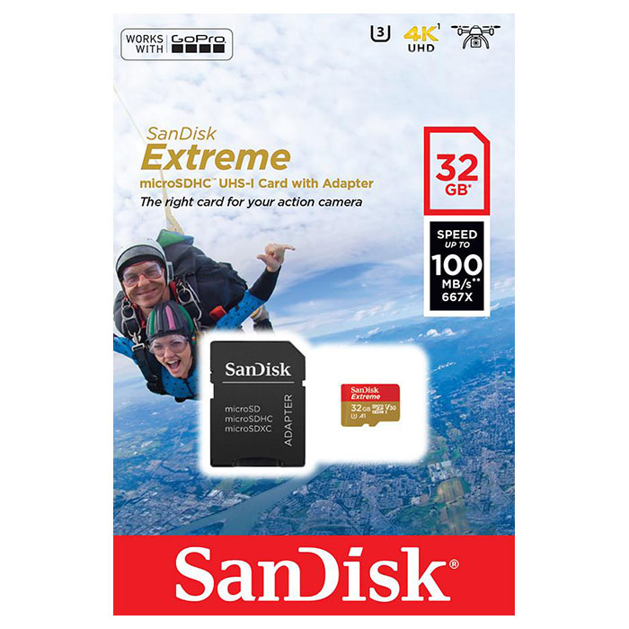 Карта пам'яті SANDISK microSDHC Extreme 32GB UHS-I U3 V30 A1 Class 10 + SD-adapter (SDSQXAF-032G-GN6AA)