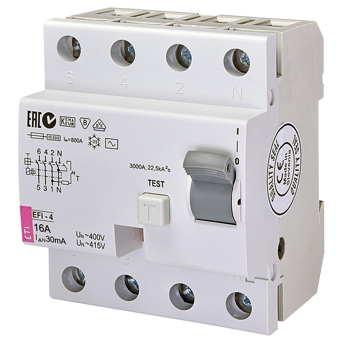 Диференційний автоматичний вимикач ETI EFI-4 16/0.03-AC 3p+N, 16А, Inst., 10кА (2062141)