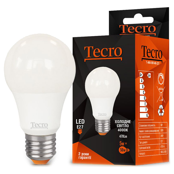 Лампочка LED TECRO A60 E27 5W 4000K 220V (T-A60-5W-4K-E27)