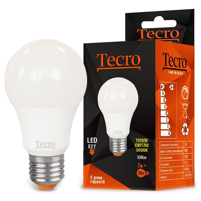 Лампочка LED TECRO A60 E27 7W 3000K 220V (T-A60-7W-3K-E27)