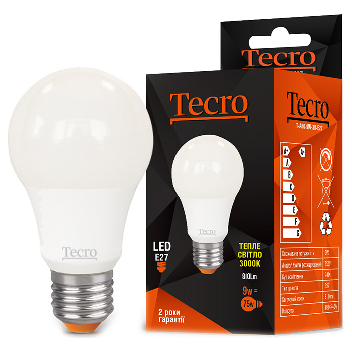 Лампочка LED TECRO A60 E27 9W 3000K 220V (T-A60-9W-3K-E27)