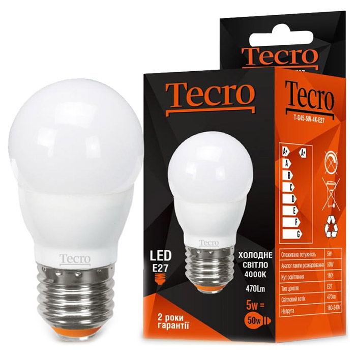 Лампочка LED TECRO G45 E27 5W 4000K 220V (T-G45-5W-4K-E27)