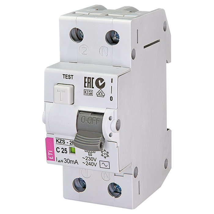 Диференційний автоматичний вимикач ETI KZS-2M C 25/0,03 1p+N, 25А, C, 10кА (2173126)