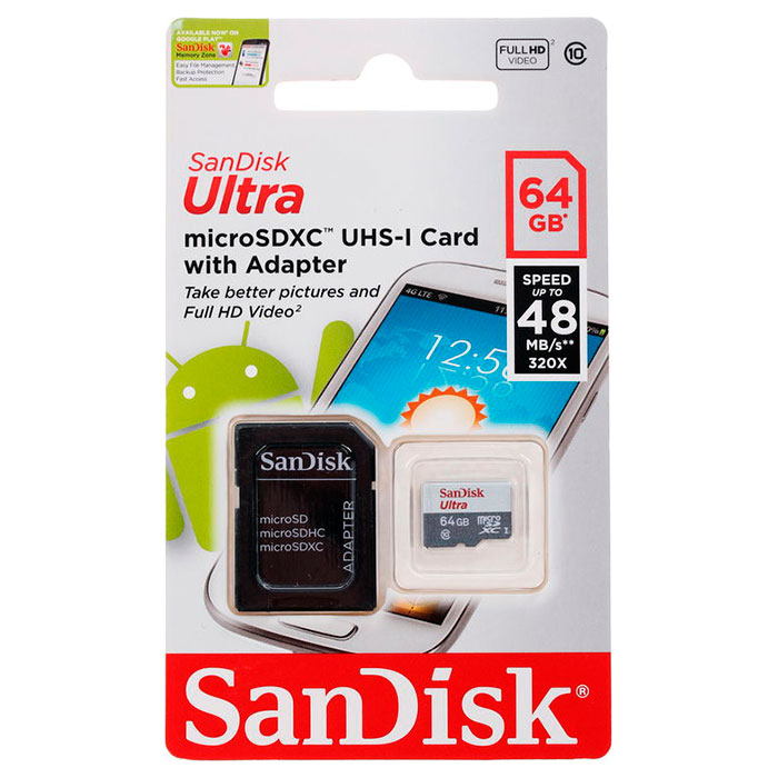 Карта памяти SANDISK microSDXC Ultra 64GB UHS-I Class 10 + SD-adapter (SDSQUNS-064G-GN3MA)