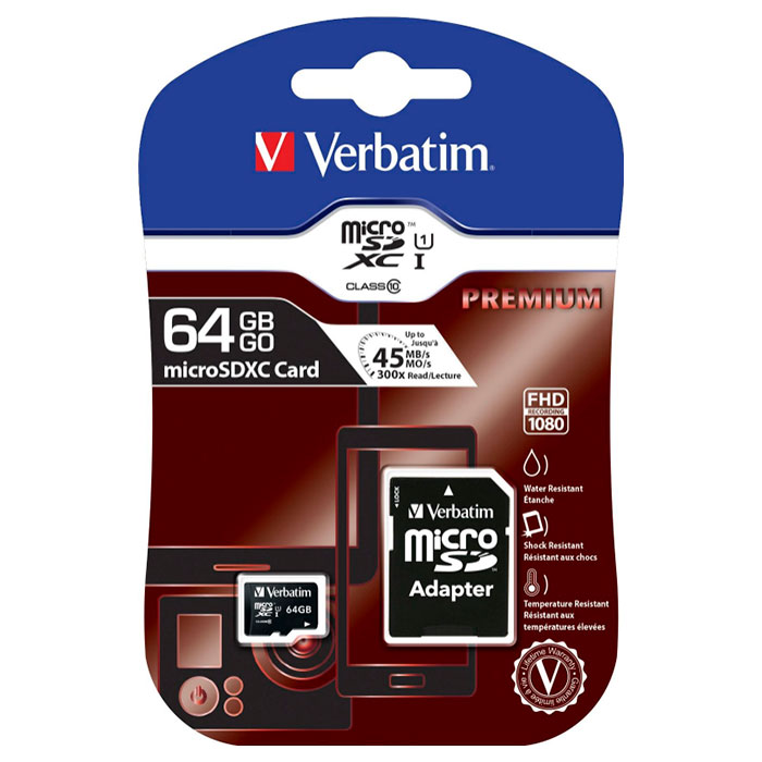 Карта пам'яті VERBATIM microSDXC Premium 64GB UHS-I Class 10 + SD-adapter (44084)