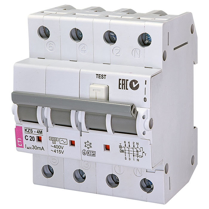 Дифференциальный автоматический выключатель ETI KZS-4M 3p+N AC C20/0.03 3p+N, 20А, C, 6кА (2174025)