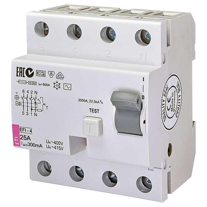 Дифференциальный автоматический выключатель ETI EFI-4 AC 25/0.3 3p+N, 25А, Inst. (2064142)