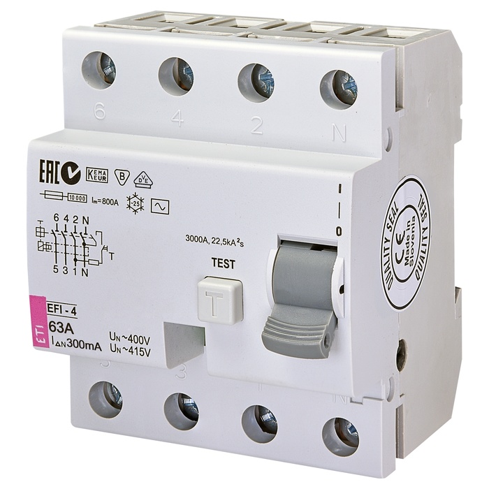 Диференційний автоматичний вимикач ETI EFI-4 AC 63/0.3 3p+N, 63А, Inst., 10кА (2064144)