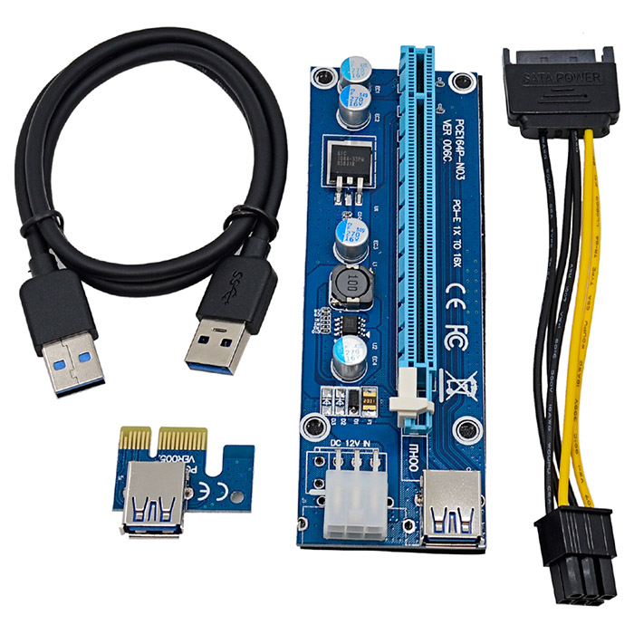 Райзер DYNAMODE PCI-E x1 to 16x 60cm USB 3.0 Black Cable SATA to 6-pin Power v.006C (RX-RISER-006C 6-PIN BLACK)