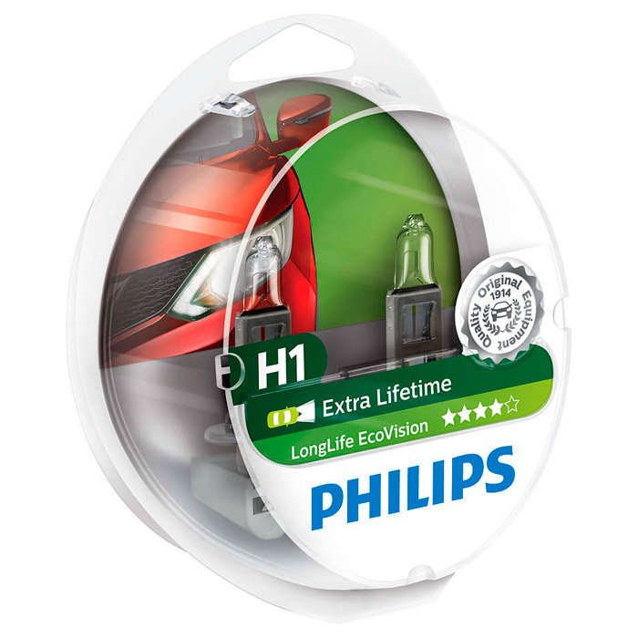 Лампа галогенная PHILIPS LongLife EcoVision H1 2шт (12258LLECOS2)