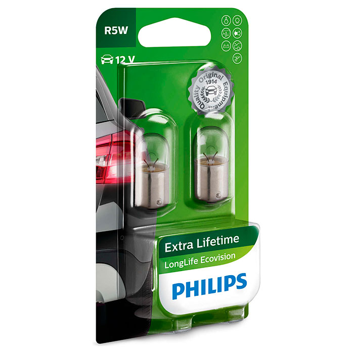 Лампа накаливания PHILIPS LongLife EcoVision R5W 2шт (12821LLECOB2)