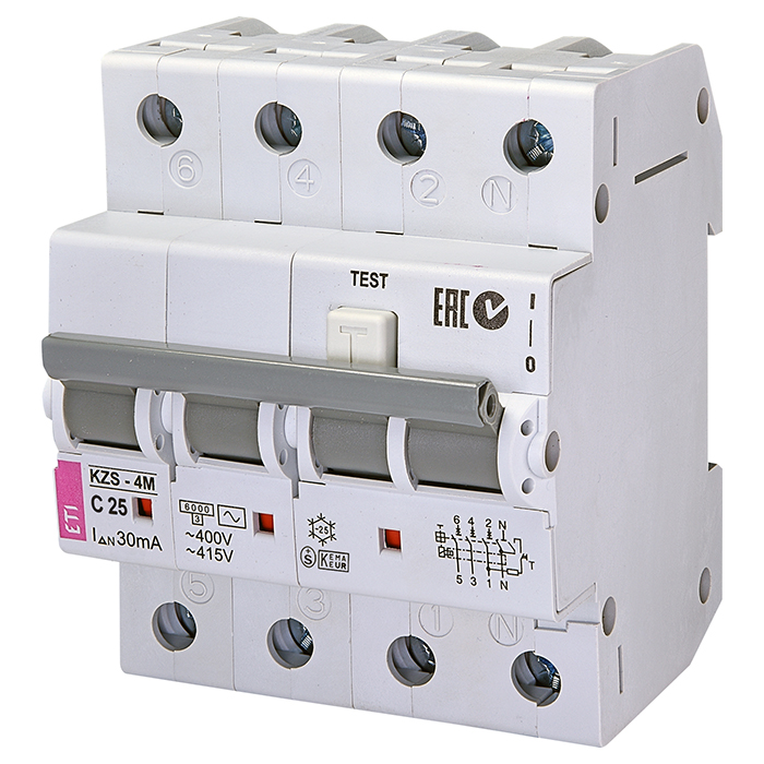 Диференційний автоматичний вимикач ETI KZS-4M 3p+N AC C25/0.03 3p+N, 25А, C, 6кА (2174026)