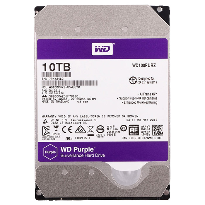Жёсткий диск 3.5" WD Purple 10TB SATA/256MB (WD100PURZ)
