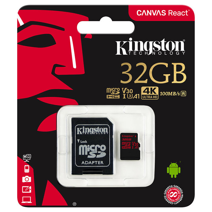Карта памяти KINGSTON microSDHC Canvas React 32GB UHS-I U3 V30 A1 Class 10 + SD-adapter (SDCR/32GB)
