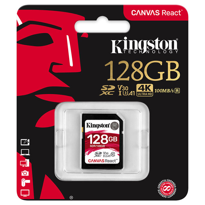 Карта пам'яті KINGSTON SDXC Canvas React 128GB UHS-I U3 V30 A1 Class 10 (SDR/128GB)